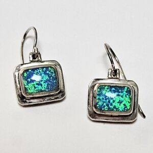 Sterling Silver Blue Fire Opal Dangle Earrings 925